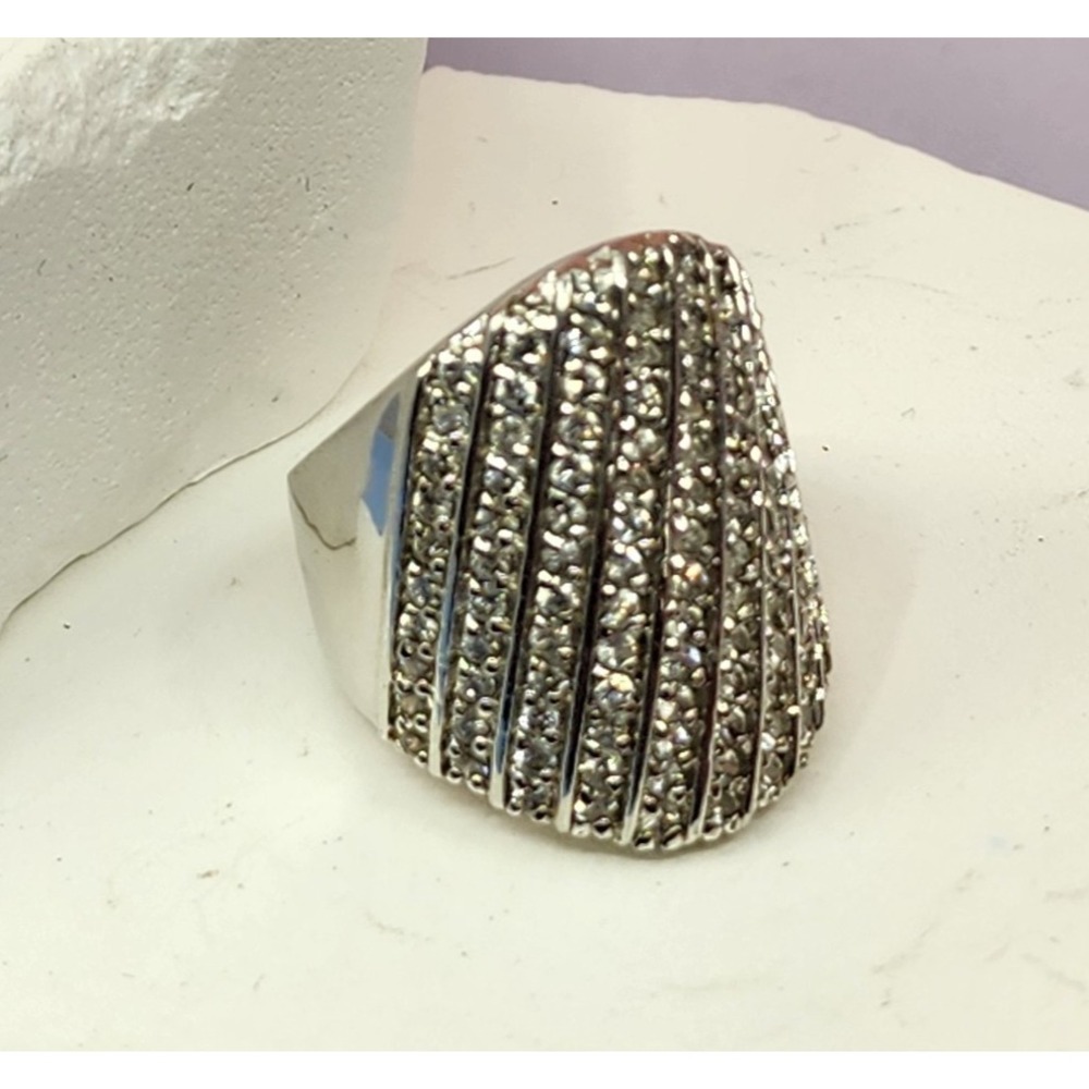 925 Sterling Silver Clear Stone Wide Dome Statement Ring Size 7.5 Glam Cocktail